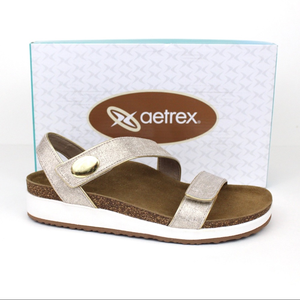 Aetrex Camila Gold Double Strap Glitter Comfort Sandals Size 7.5